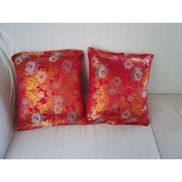 Asian Inspired Raspberry Chrysanthemum Floral Gold Accent Brocade Pillow Covers - Picture 6 of 16